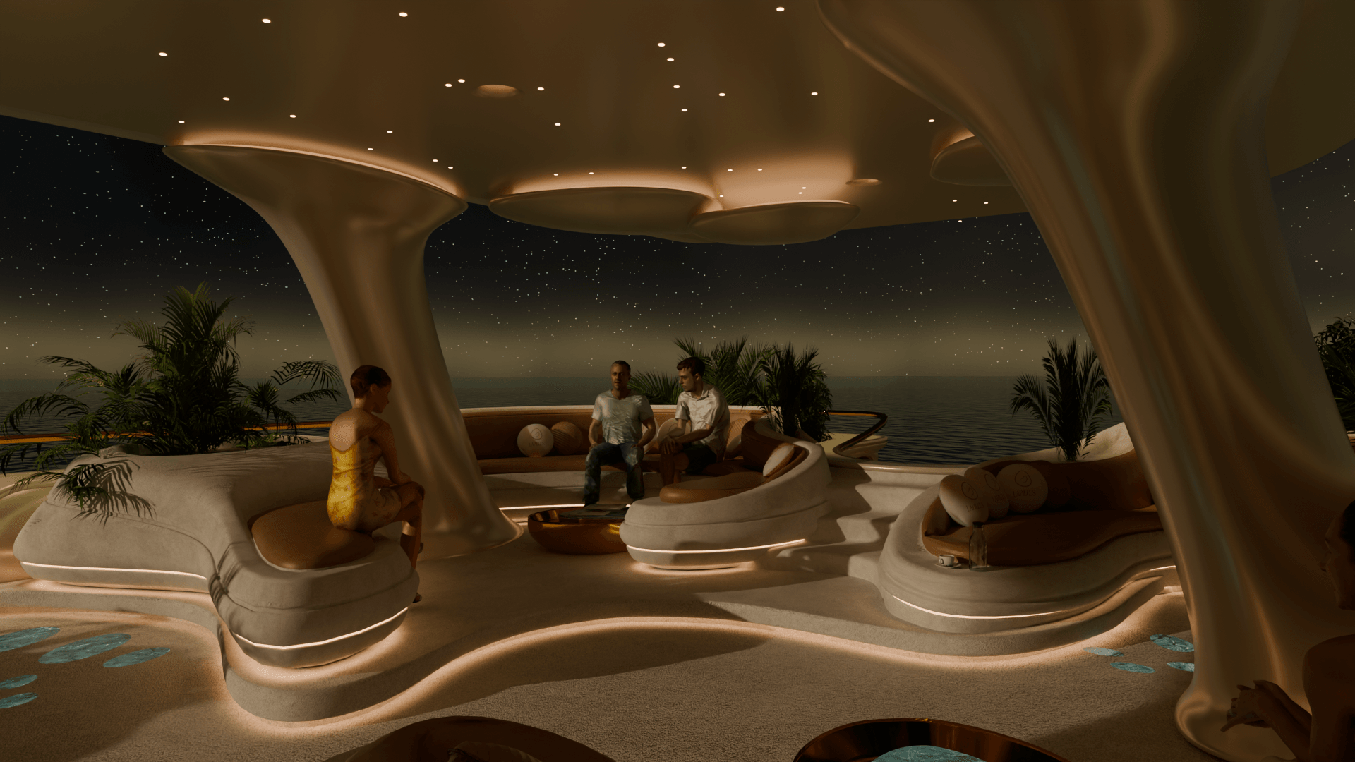 Lapillus floating residence interior at night